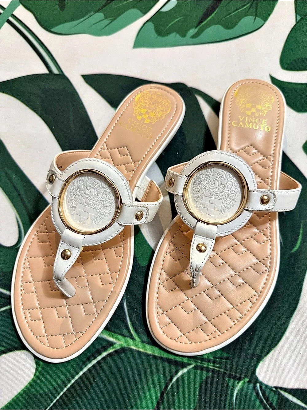 Vince Camuto Quilted Medallion Thong Sandal Sandals in White & Tan